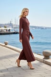 Kadın Maxi Bodycon Drapeli Yüksek Yaka Uzun Kol Örme Kumaş Bağlama Detaylı Düz Desen