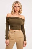 Kadın Bluz Carmen Yaka Uzun Kol Fitted Kalıp Simli Örme Kumaş Düz Desen Regular Boy Parti Ortam