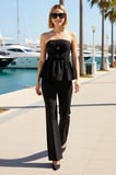 Kadın Straplez Düğmeli Peplum Bluz Flare Pantolon Dokuma İki Parça Takım Astarlı Günlük Rahat Modern