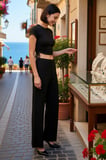 Kadın Kısa Kollu Bisiklet Yaka Crop Top İspanyol Paça Flare Pantolon Likralı Örme Takım Günlük Rahat