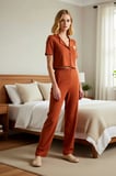 Kadın Gömlek Yaka Standart Kol Regular Kalıp Fitilli Örme Pijama Takımı Fonksiyonel Modern