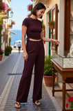 Kadın Kısa Kollu Bisiklet Yaka Crop Top İspanyol Paça Flare Pantolon Likralı Örme Takım Günlük Rahat