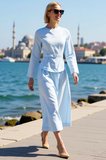 Kadın Tesettür Maxi Elbise Bisiklet Yaka Uzun Kol Kemerli Skater Kesim Terrycotton Dokuma Günlük
