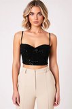 Kadın Bluz Kalp Yaka İnce Askılı Crop Boy Payet İşlemeli Dokuma Fitted Kalıp Örme Kumaş Yapısı