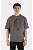 Füme %100 Pamuk Bisiklet Yaka Oversize T-shirt One Punch Man Ok Face
