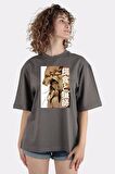 Füme %100 Pamuk Bisiklet Yaka Oversize T-shirt The Prey And The Hunter
