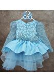 Kız Çocuk Bebe Mavisi Üst Parıltılı Etek Grenli Uzun Kol Kabarık Abiye Elbise