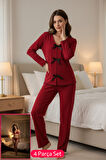 Kadın Bordo Fiyonklu İç Çamaşırı Ve Uzun Kollu V Yaka Pijama Takımı 4'lü Set