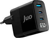 Juo 65W GaN Led Ekranlı Hızlı Şarj Cihazı 2 Type-C + USB-A iPhone & iPad & Notebook Uyumlu Şarj Aleti