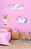 Bizerk Görsel Sevimli Unicorn ve Gökkuşağı Çocuk Odası Kreş Anaokulu Duvar Yapışkanı Sticker