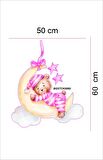 Bizerk Görsel Pembe Pijamalı Ayda Uyuyan Ayıcık  Çocuk/Bebek Odası Kreş Anaokulu Duvar Sticker