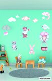 Bizerk Görsel Karikatür Uçan Balon Tavşan Ayı Rakun ve Bulutlar Bebek/Çocuk Odası Duvar Kapı Cam Sticker Seti