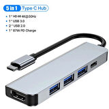 5in1 Type-c to USB Hub 5 Port Çoklayıcı Laptop Macbook Air için Uyumlu Çoğaltıcı USB 3.0/HDMI/TYPE-C