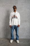 Erkek Oversize Kapüşonlu Sweatshirt – Beyaz Renk Üç İplik İçi Pamuklu Kanguru Cepli Baskılı Hoodie Rahat Kalıp Kışlık Günlük Kombinlere Uygun - Beyaz
