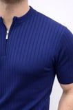 Erkek Kısa Kol Fitilli Triko T-Shirt Yazlık Hakim Yaka Tişört - Lacivert