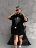 Unisex Bisiklet Yaka Baskılı Oversize T-Shirt - Siyah
