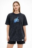 Asit Yıkamalı Oversize Tişört Future Worlds Baskılı Bisiklet Yaka Kısa Kollu Streetwear %100 Pamuk Street Style T-Shirt - Siyah