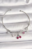 Pirinç Gümüş Renk Sallantı Kiraz Figür Kalp Detay Charm Kadın Bileklik