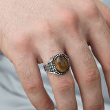 Gümüş Kaplan Gözü Taşlı Örgü Desenli Erkek Yüzük