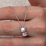 Gümüş Pembe Taşlı Sevimli Kedi Kadın Kolye