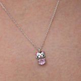 Gümüş Pembe Taşlı Sevimli Kedi Kadın Kolye