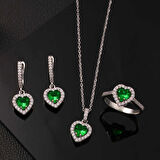 Gümüş Yeşil Taşlı Kalpli Kadın Set
