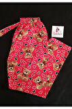 Kırmızı Kumaş Üzerinde Ayıcık ve Kalp Desenli Pijama Altı-BK010006