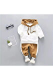 Erkek Bebek Beyaz Kapşonlu Alt Üst Takım Beyaz Kahve | 9 - 12 Ay