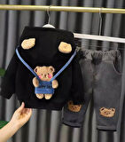 Toy Ayı Görselli Kapşonlu Zarif Bebek Takım Siyah | 9-12 Ay