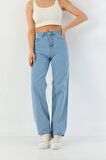 Kadın Mavi Yüksek Bel Geniş Paça Bol Salaş Palazzo Jeans