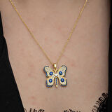 BlackCraft Gümüş Gold Nazarlı Kelebek Kadın Kolye (BC-62CA73)