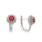 BlackCraft Gümüş Kırmızı Çiçek Desenli Yuvarlak J Kadın Küpe (BC-C2B1DE)