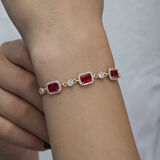 BlackCraft 925 Ayar Gümüş Rose Baget Kırmızı Taşlı Kadın Bileklik (BC-A49F48)