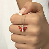 BlackCraft Gümüş Kırmızı Kaplangözü Taşlı Kelebek Kolye (BC-C3FAC0)