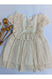 KIZ ÇOCUK WİNTAGE KREM KISA KOL ASTARLI DANTEL ELBİSE