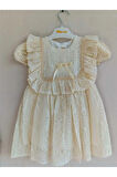 KIZ ÇOCUK WİNTAGE KREM KISA KOL ASTARLI DANTEL ELBİSE
