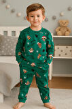 Yeşil Kedili %100 Pamuklu Penye Çocuk Pijama Takımı
