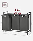 VASAGLE Çamaşır Sepeti 3 Bölmeli, Raflı Çamaşır Sepeti, Çamaşır Kutusu, Oxford Kumaştan Çekilebilir Çamaşır Torbası Çıkarılabilir, Metal Çerçeve, 3 x 38 L, 92,5 x 33 x 72 cm, Siyah-Gri BLH301G01
