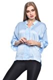 Uzun Kollu Volenli ve Biyeli Bebe Mavi Kadın Bluz