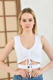 Askılı Önden Bağcıklı Beyaz Kadın Crop Bluz