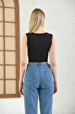 Askılı Önden Bağcıklı Siyah Kadın Crop Bluz