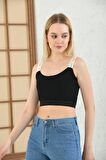 Lastik Askılı Siyah Kadın Crop Bluz