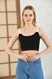 Lastik Askılı Siyah Kadın Crop Bluz