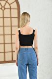 Lastik Askılı Siyah Kadın Crop Bluz