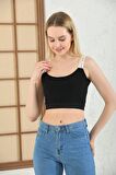 Lastik Askılı Siyah Kadın Crop Bluz