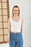 Askılı Belden Lastikli Beyaz Kadın Crop Bluz