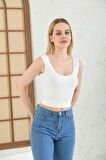 Askılı Belden Lastikli Beyaz Kadın Crop Bluz