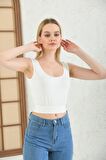 Askılı Belden Lastikli Beyaz Kadın Crop Bluz