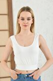 Askılı Belden Lastikli Beyaz Kadın Crop Bluz