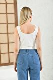 Askılı Belden Lastikli Beyaz Kadın Crop Bluz